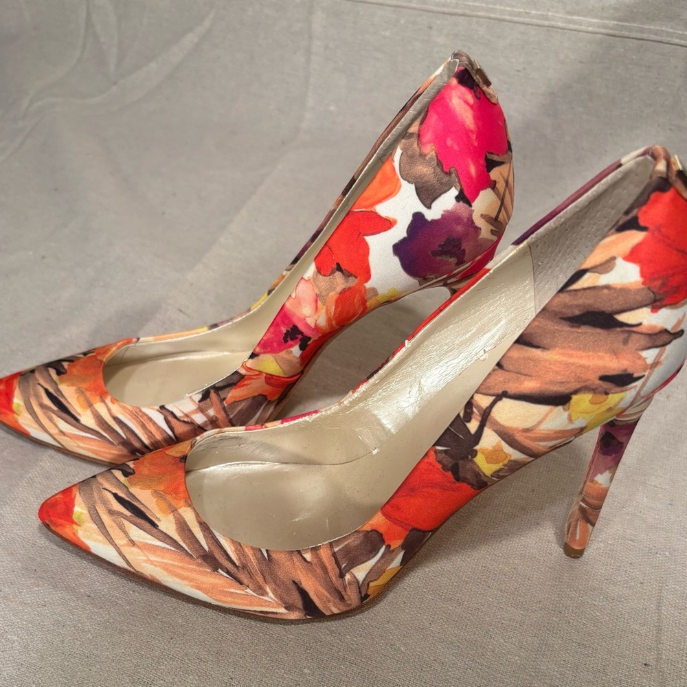 Ivanka Trump Floral Pointed-Toe Stiletto Heels in Pink, Orange, Brown